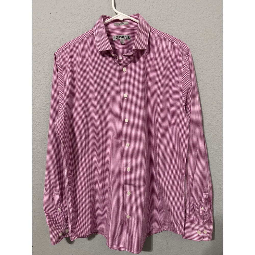 Express Men Cotton Gingham Check Fitted Dress Shirt Long Sleeve‎ Pink White L